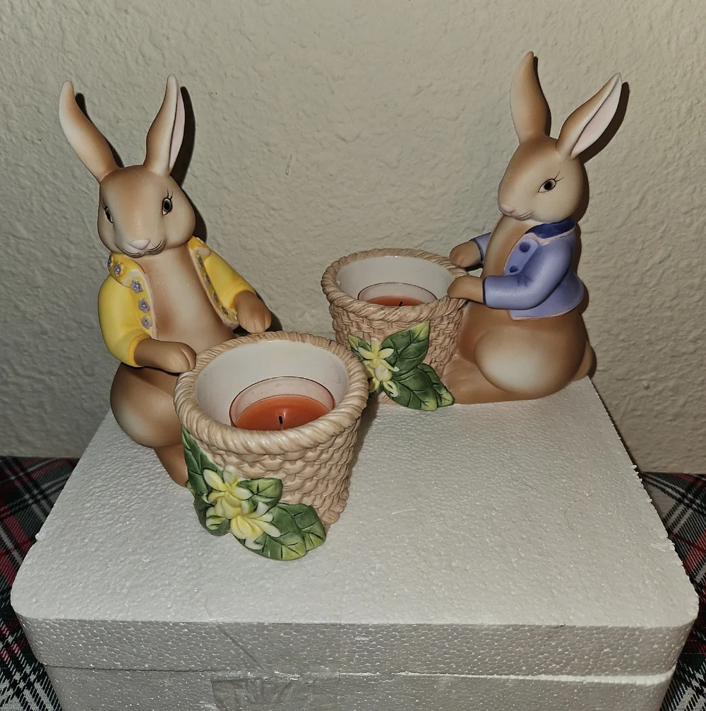 PartyLite Easter Bunny Bertie & Bea Votive Candle Holder Holiday Table Decor Set - Picture 11 of 13